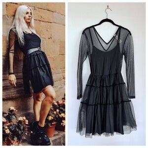 NWT Empathie Italy Polka Dot Semi Sheer Long Sleeve Ballerina Mini Dress Black
